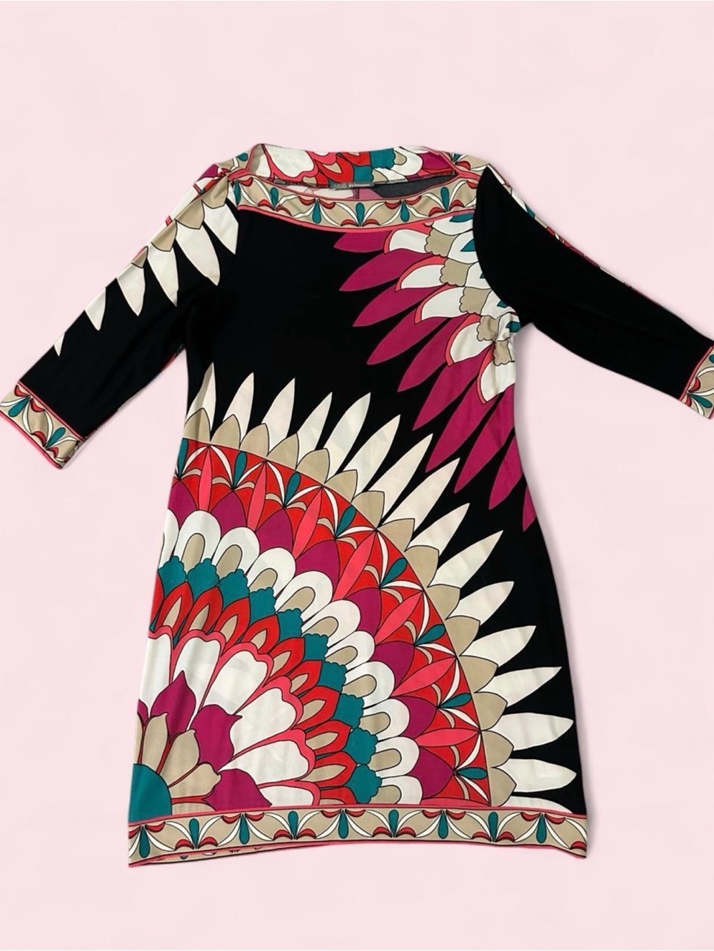 Bold Floral Black Shift Dress with Pink & Teal Medallion Print